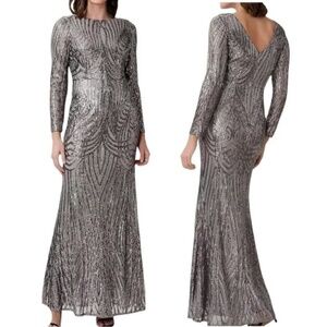 Adrianna Papell Silver Sequin Long Sleeve Evening Gown